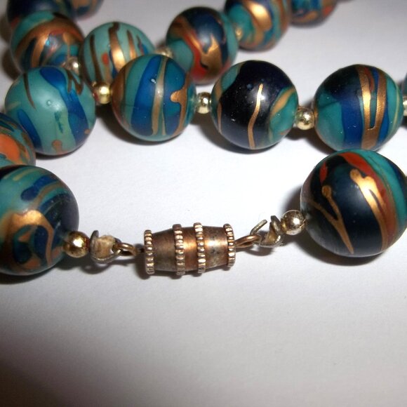 Vintage Necklace Beaded Blue Gold Fashion Accessory Jewelry Woman Unique C647 - Picture 5 of 7